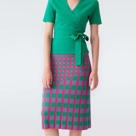 DVF Rosa Ribbed Stretch Knit Fitted Midi Skirt in Pink and Green Gingham Size XL - Picture 1 of 8